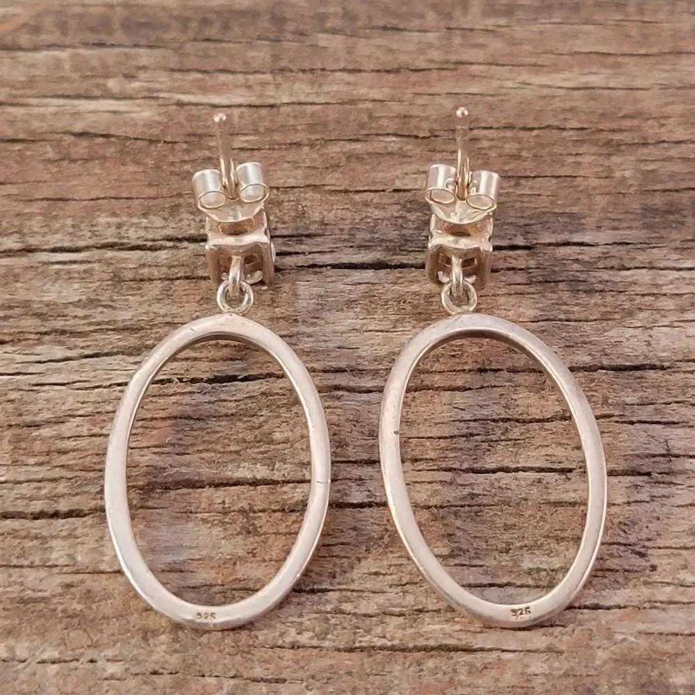 Sterling Silver CZ Post Oval Hoop Drop Earrings